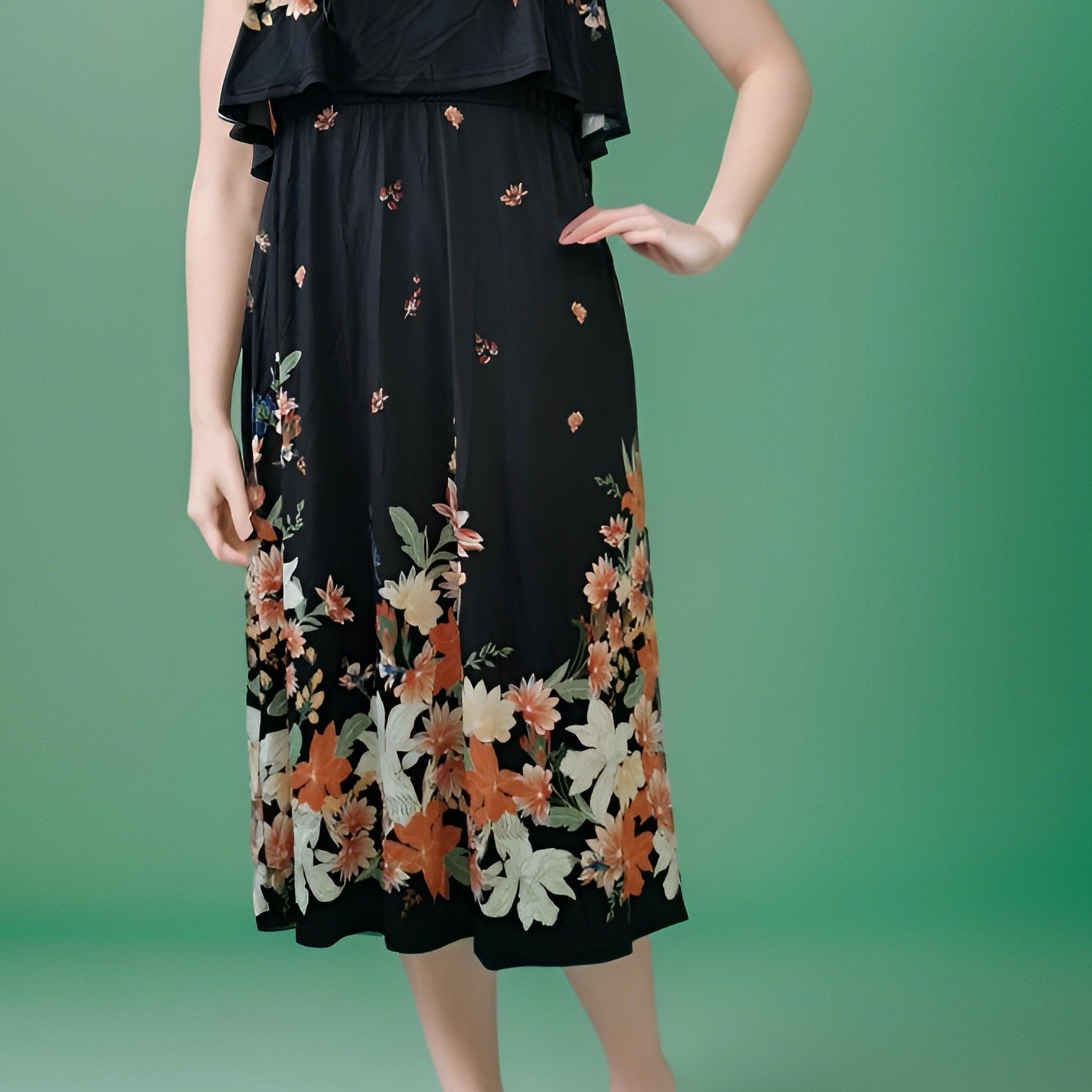 Floral Print Ruffle Trim Cold Shoulder Maxi Dress