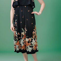 Floral Print Ruffle Trim Cold Shoulder Maxi Dress
