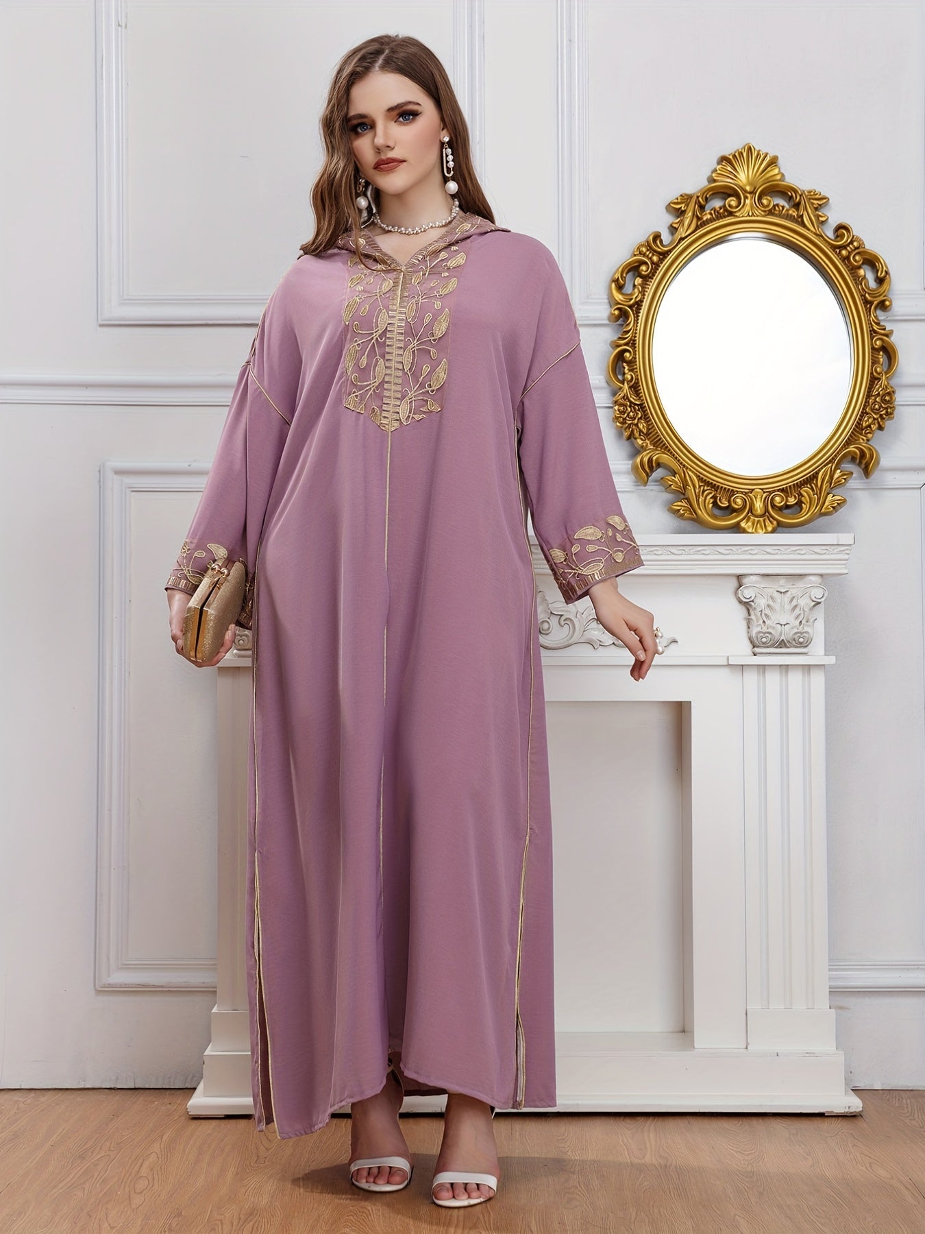 Abaya Dress Women's Plus Leaf Print Long Sleeve Maxi Jalabiya