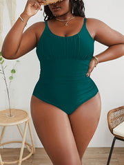 Sexy Swimsuit Women's Solid Round Neck Tummy Control One Piece