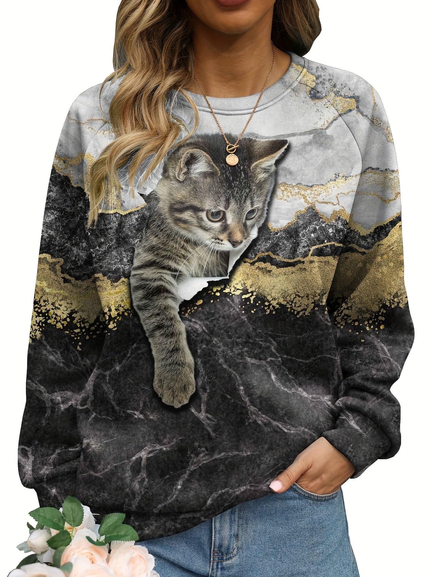 Cat Print Pullover Sweatshirt Crew Neck Casual Long Sleeve for Fall & Winter