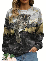 Cat Print Pullover Sweatshirt Crew Neck Casual Long Sleeve for Fall & Winter
