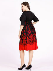 Damask Print Half Sleeve V-Neck Midi Dress