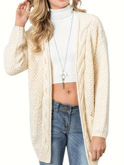 Solid Cable Long Sleeve Open Front Cardigan With Pockets