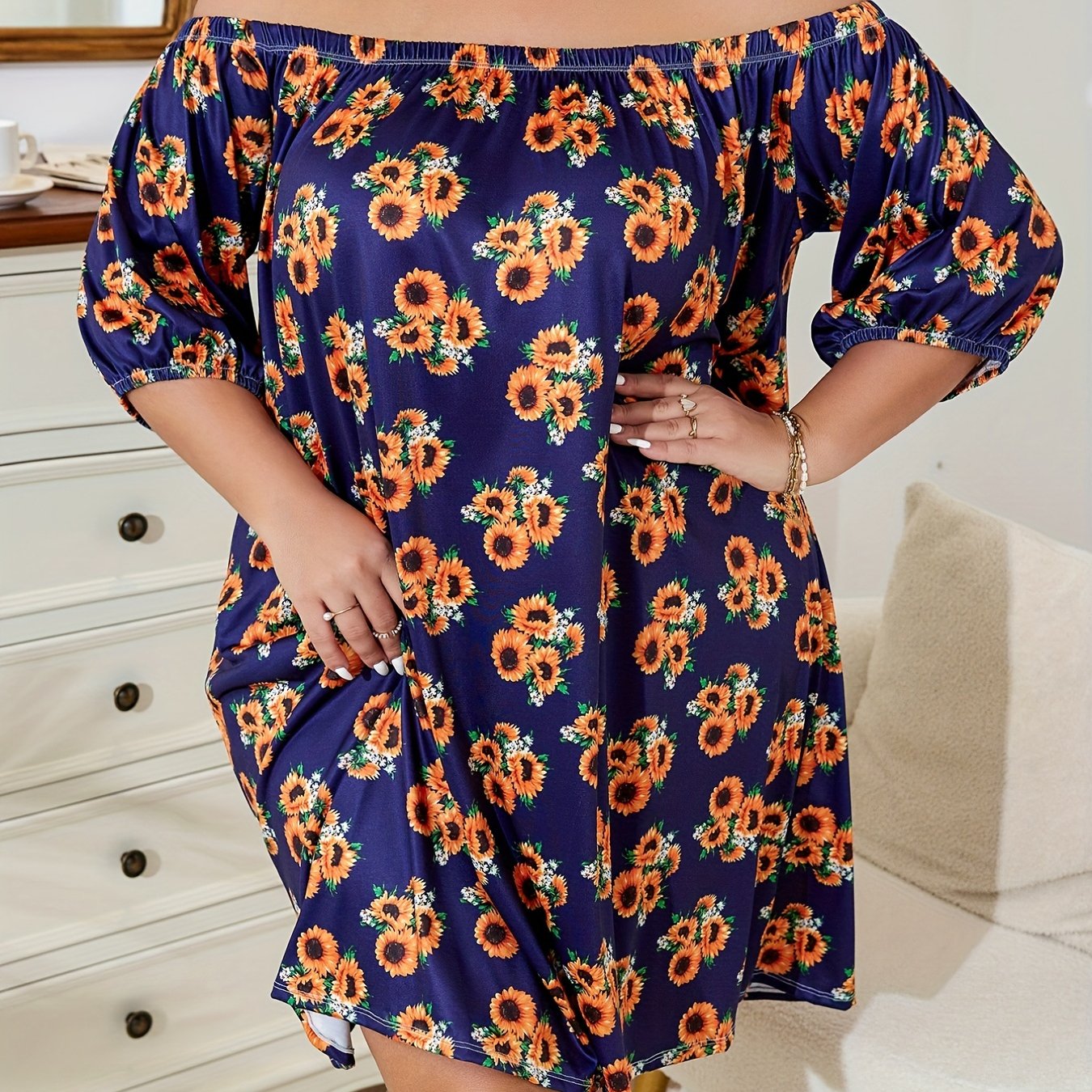 Sunflower Print Off Shoulder Puff Sleeve Nightdress