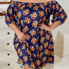 Sunflower Print Off Shoulder Puff Sleeve Nightdress
