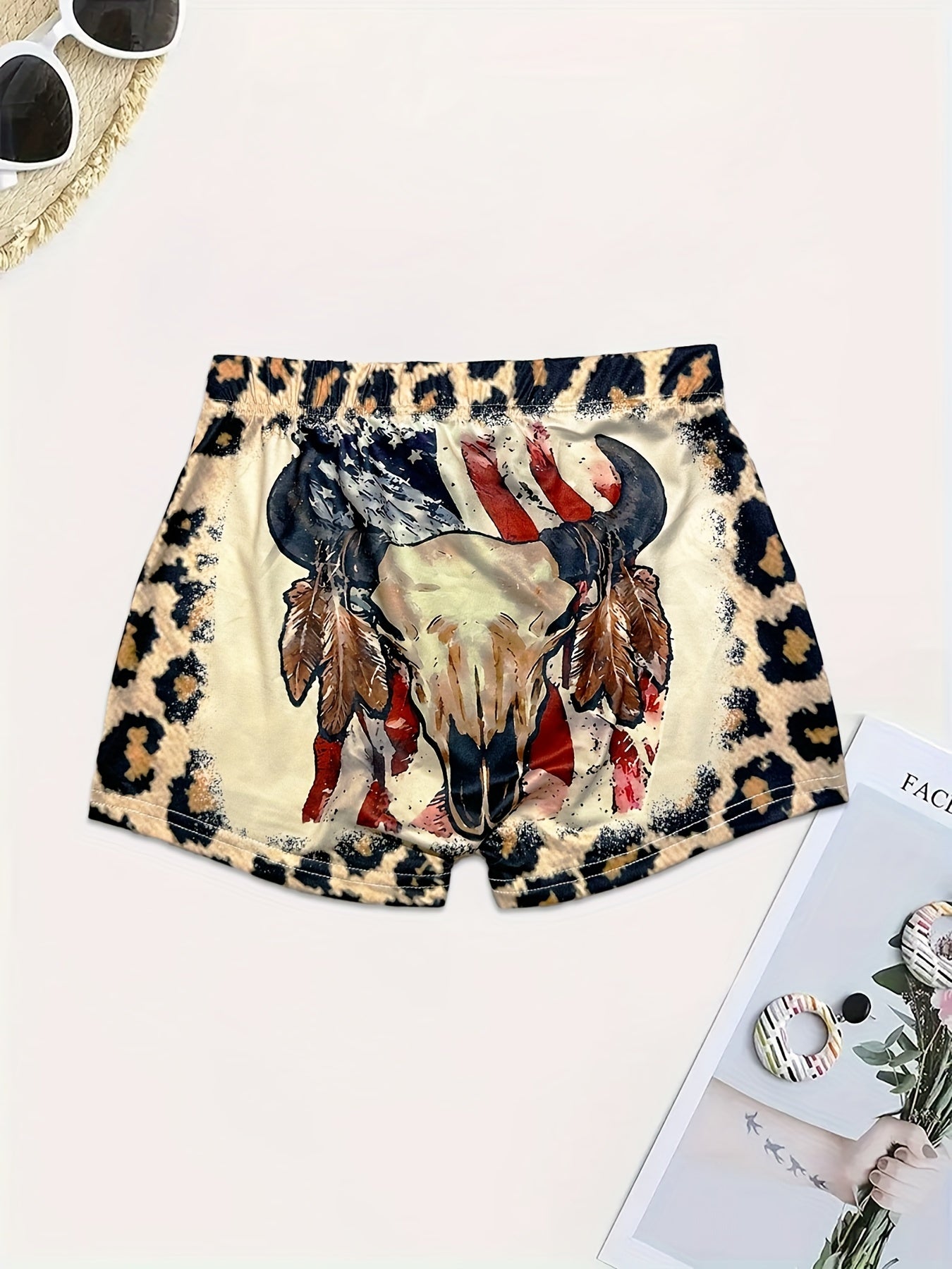 Bull Skull & Leopard Print Skinny Shorts for Women