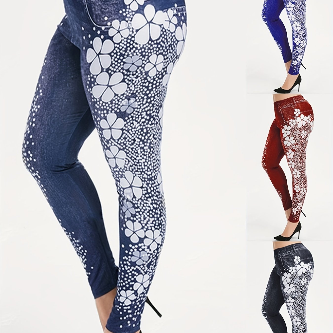 Denim Flower Print Sports Leggings High Waist Yoga Pants