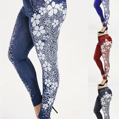 Denim Flower Print Sports Leggings High Waist Yoga Pants