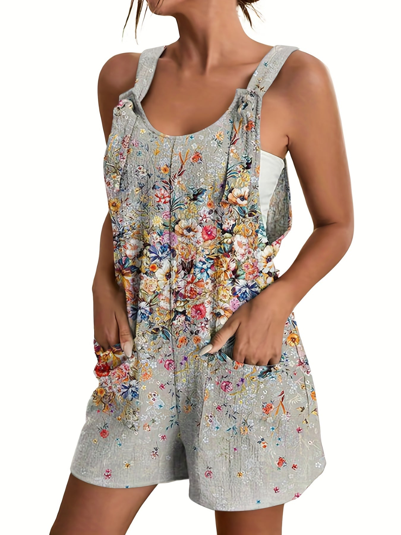 Floral Print Overall Romper Casual Sleeveless Pocket Front Romper