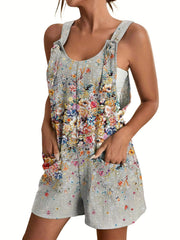 Floral Print Overall Romper Casual Sleeveless Pocket Front Romper