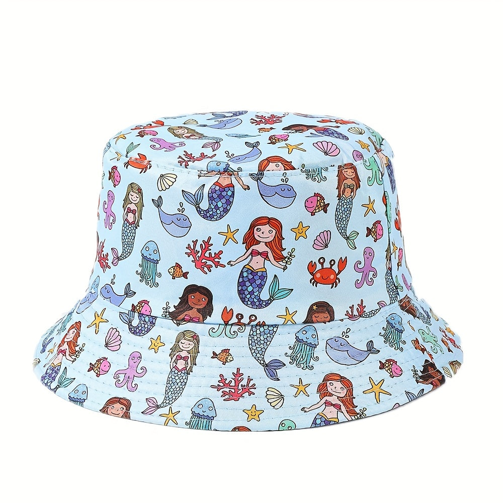 Kid's Mermaid Print Fisherman Hat, Sea Animals Sun Visor
