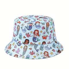 Kid's Mermaid Print Fisherman Hat, Sea Animals Sun Visor
