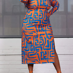 Allover Print Long Sleeve Round Neck Split Dress