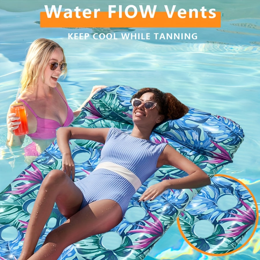 Large Leaf Pattern Pool Float with Headrest, 2 Pillows, PVC Material