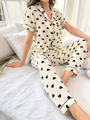 Heart Print Pajama Set Short Sleeve Buttons Top & Elastic Waistband Pants