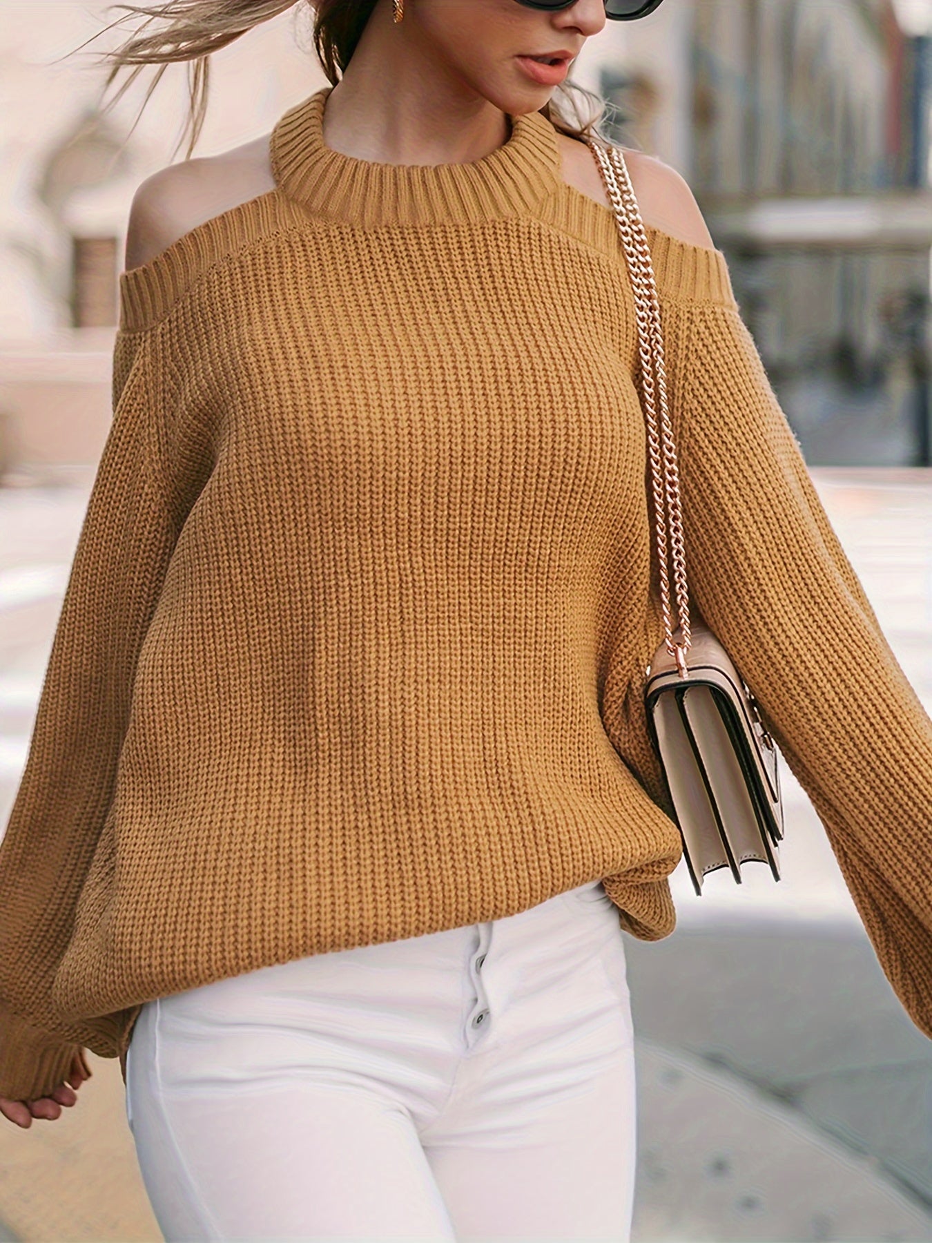 Solid Lantern Sleeve Cold Shoulder Knit Pullover Jumper