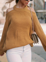 Solid Lantern Sleeve Cold Shoulder Knit Pullover Jumper