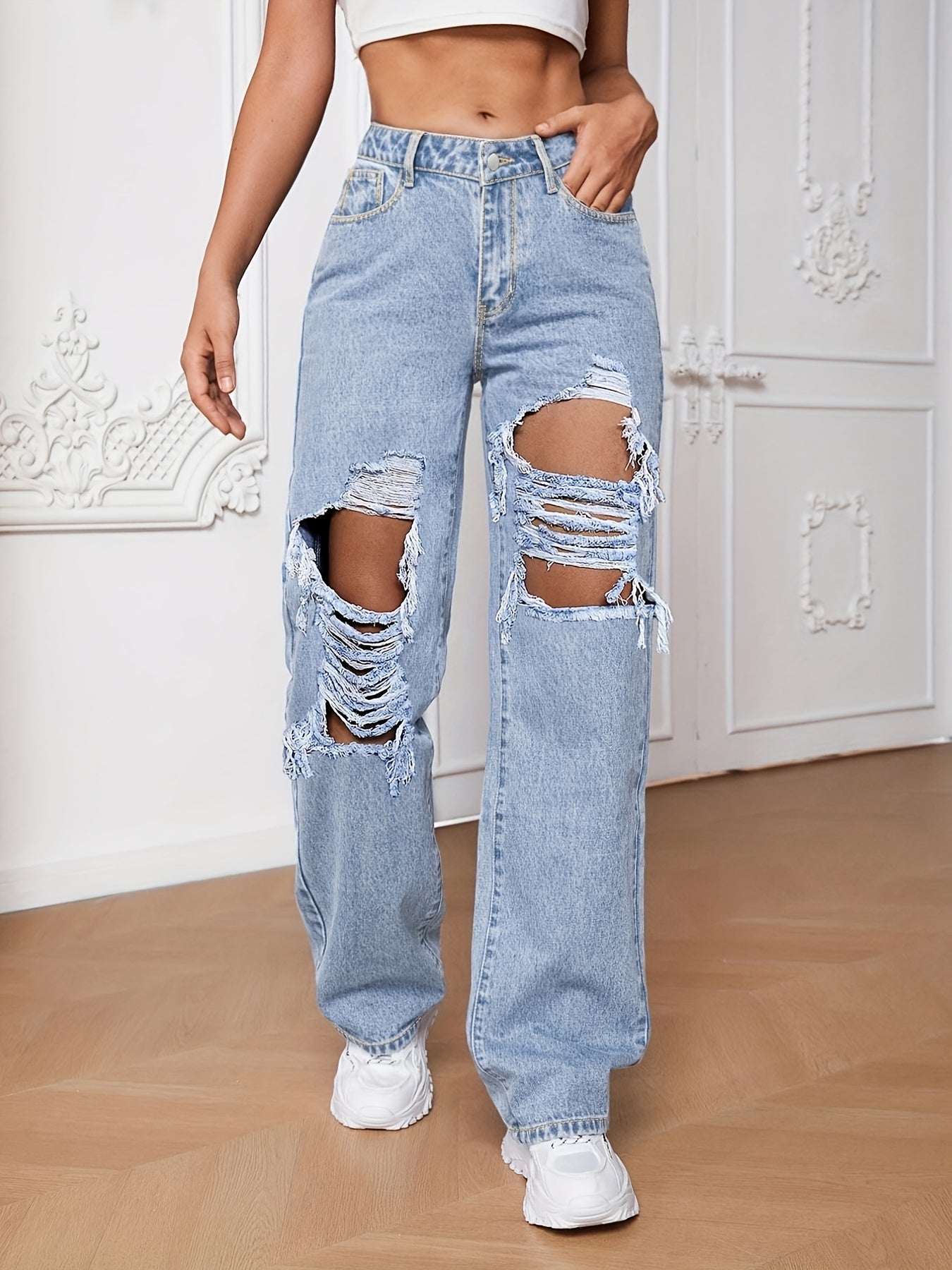 Ripped Straight Jeans Slash Pockets Distressed High Rise Wide Leg Denim Pants