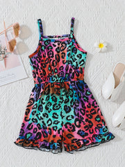Girls Leopard Print Cami Romper Jumpsuit for Summer