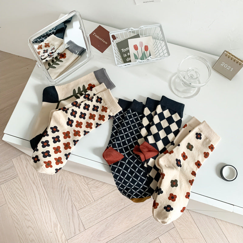 5 Pairs Crew Socks Women Checkerboard Floral Print