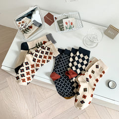 5 Pairs Crew Socks Women Checkerboard Floral Print