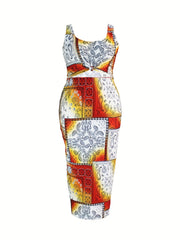 Colorblock Paisley Print Tank Top & Skirt 2 Piece Set