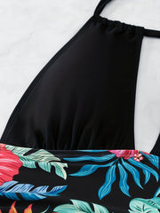 Floral Print Halter Swimsuit Ruched Backless One Piece Bathing Suit