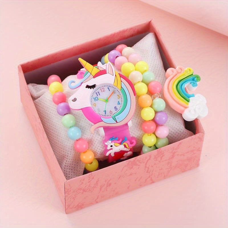 Dobroa Girls' Unicorn Watch Set with Bracelet & Necklace, Pastel Colors