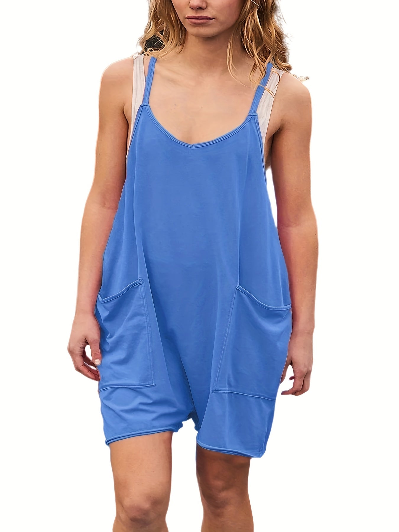 Solid V Neck Cami Romper With Pockets