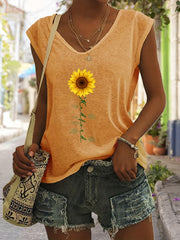Sunflower & Letter Print V Neck Tank Top Summer Sleeveless Tank