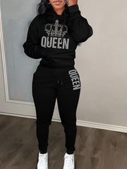Women's Plus Crown & Letter Print Hoodie & Joggers Outfit Set