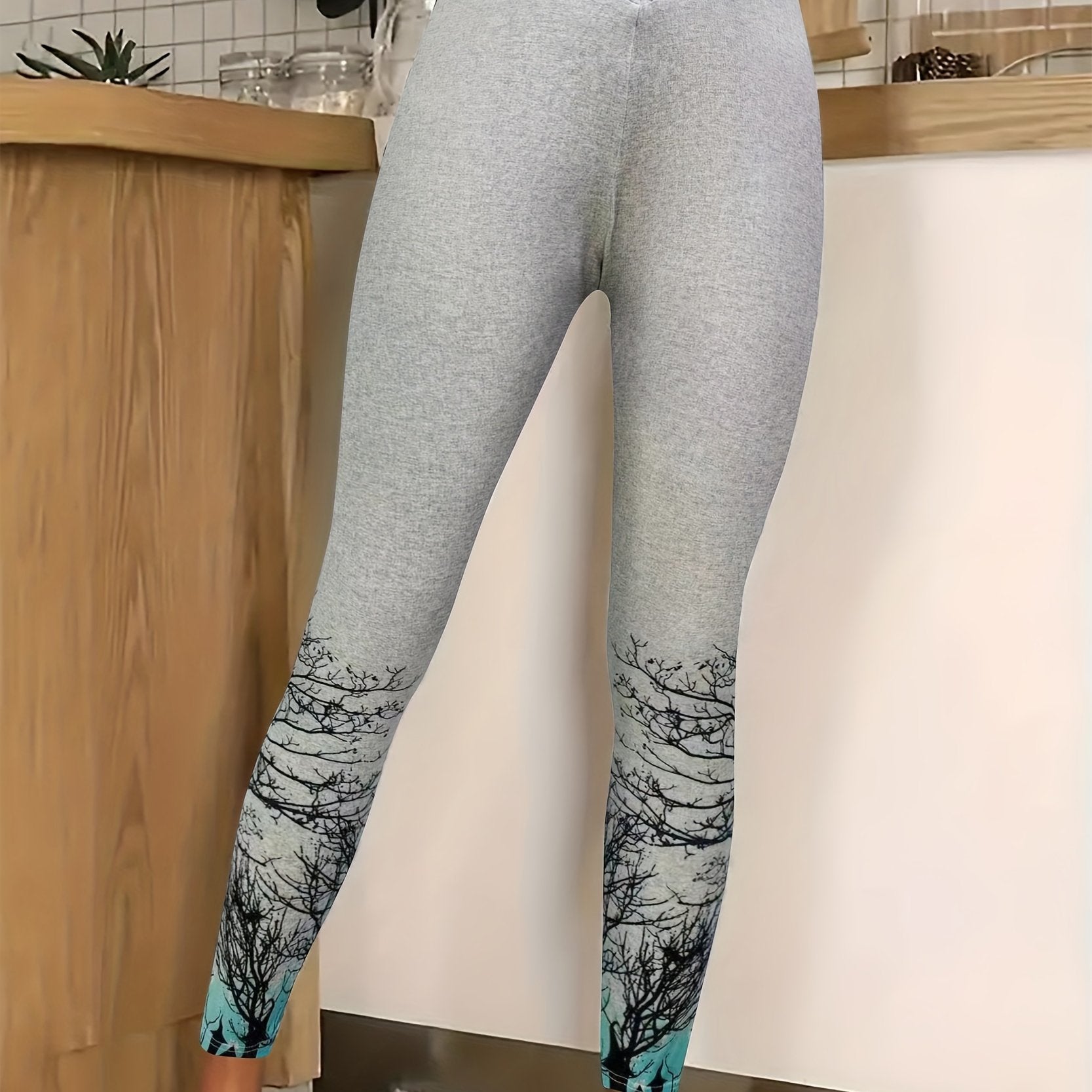 Branch Print Skinny Leggings High Waist Stretchy Leggings Women's Clothing
