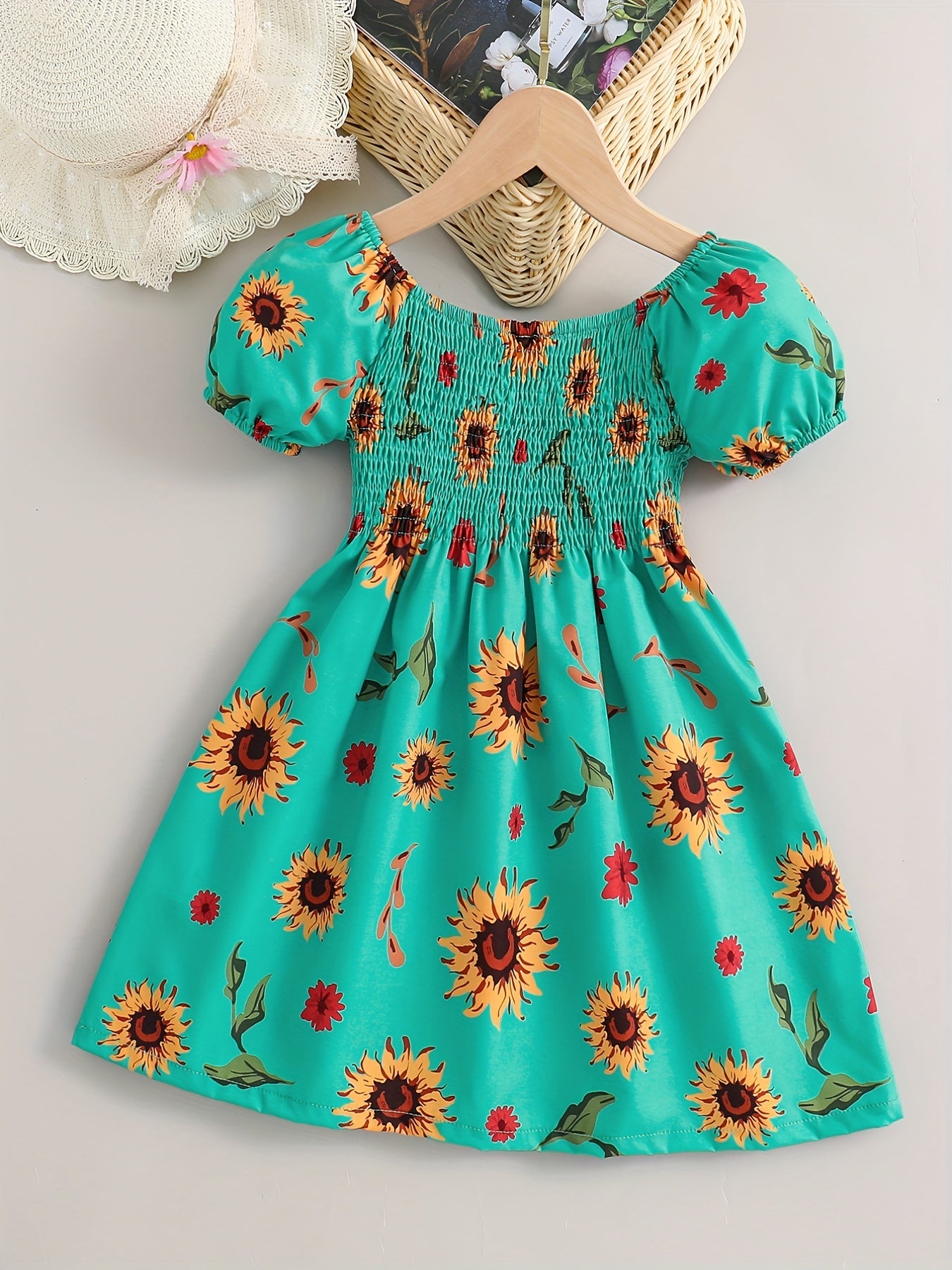 Girls Sunflower Print Princess Dress Kids Summer Clothes