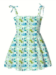 Girls Butterfly Graphic Shirred Puffy Cami Dress Summer Clothes
