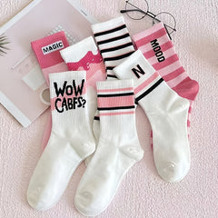 7 Pairs Letter Print Striped Socks, Women's Stockings