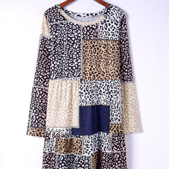 Casual Dress Women's Plus Colorblock Leopard Print Long Sleeve Dress