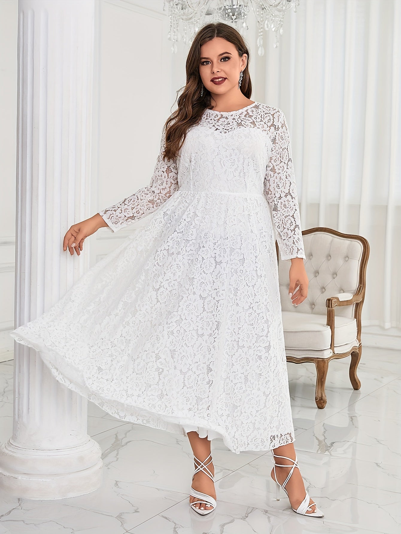 Lace Round Neck Maxi Bridesmaid Dress