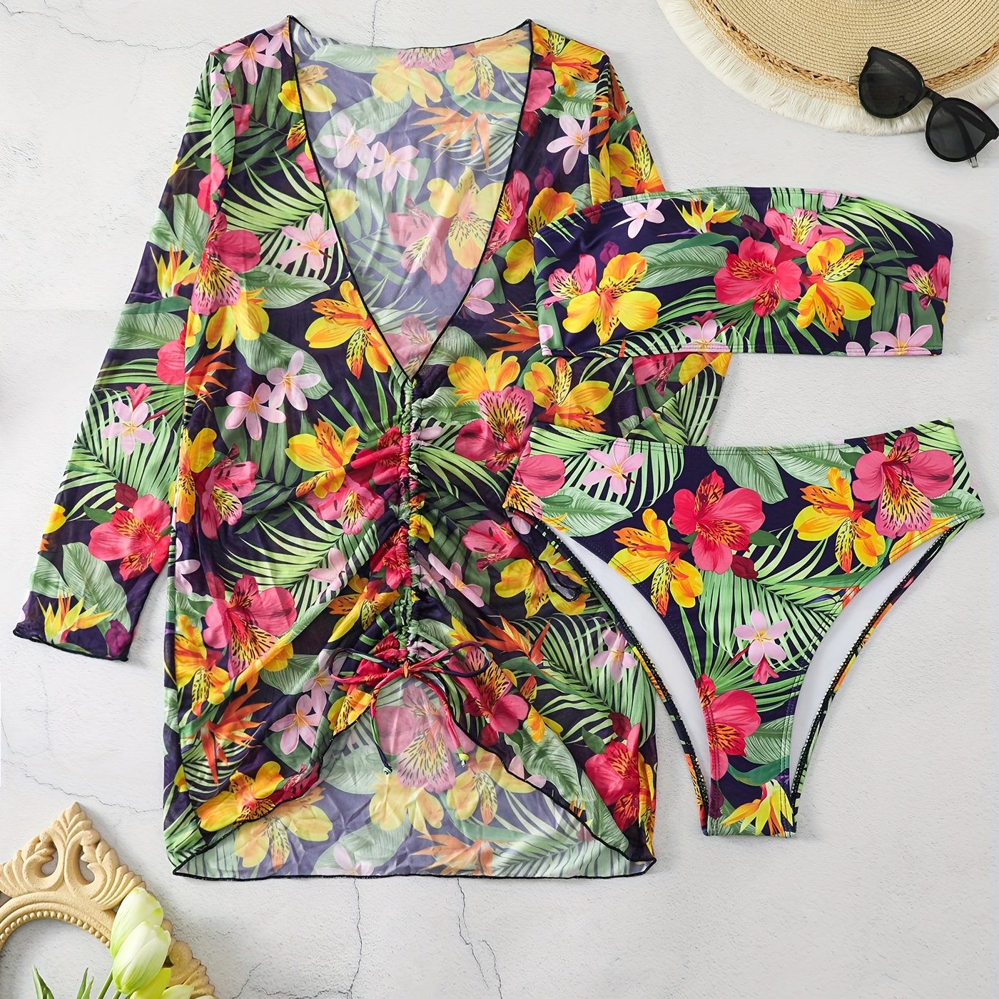 Vacay Bikini Set Plus Tropical Print Lace Cover Up & Tube Bra