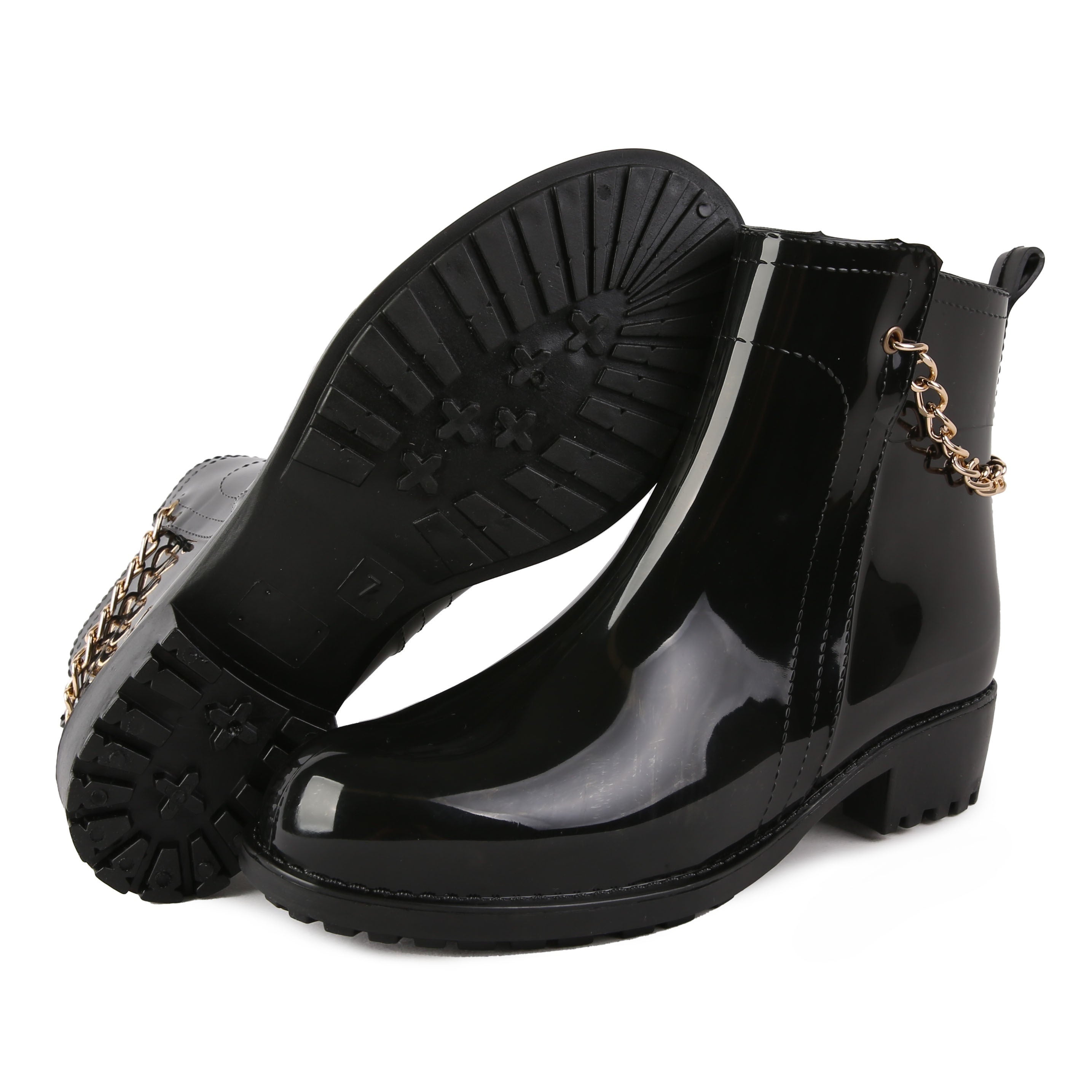 Metal Chain Decor PVC Round Toe Flat Waterproof Rain Boots
