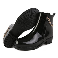 Metal Chain Decor PVC Round Toe Flat Waterproof Rain Boots