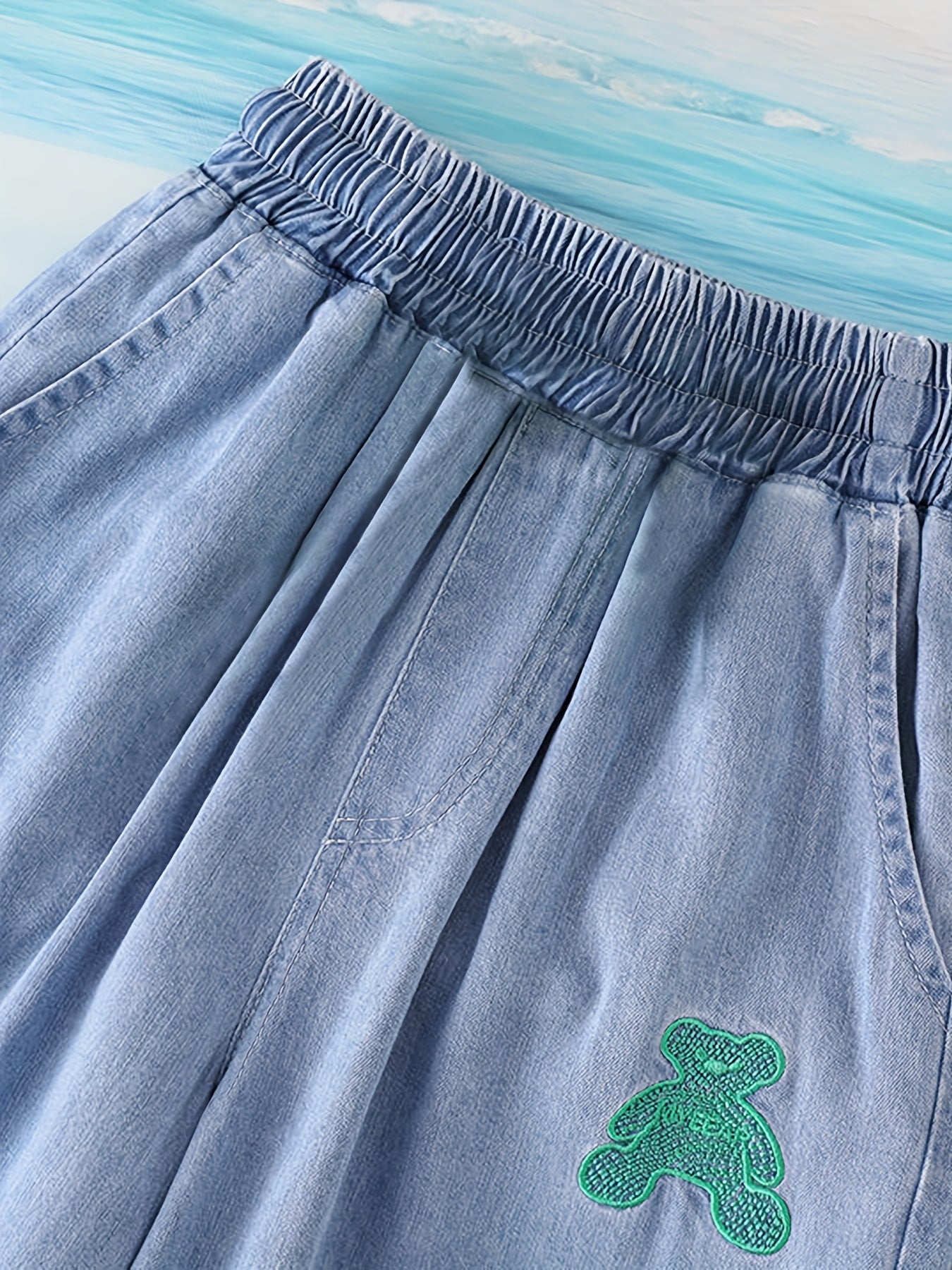 Girls Casual Jeans Bear Embroidery Elastic Waist Wide Leg Jeans