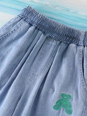 Girls Casual Jeans Bear Embroidery Elastic Waist Wide Leg Jeans