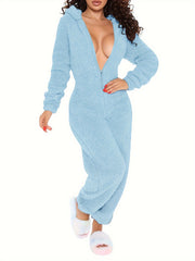 Solid Hooded Fuzzy Pajama Jumpsuit Comfy Long Sleeve Zipper Pajamas