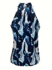 Tie Dye High Neck Top Sleeveless Summer Casual Keyhole