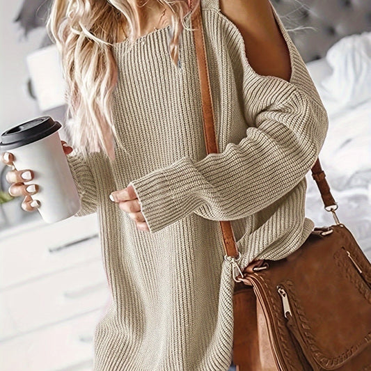 Casual Sweater Women's Plus Solid Long Sleeve Cold Shoulder Jumper