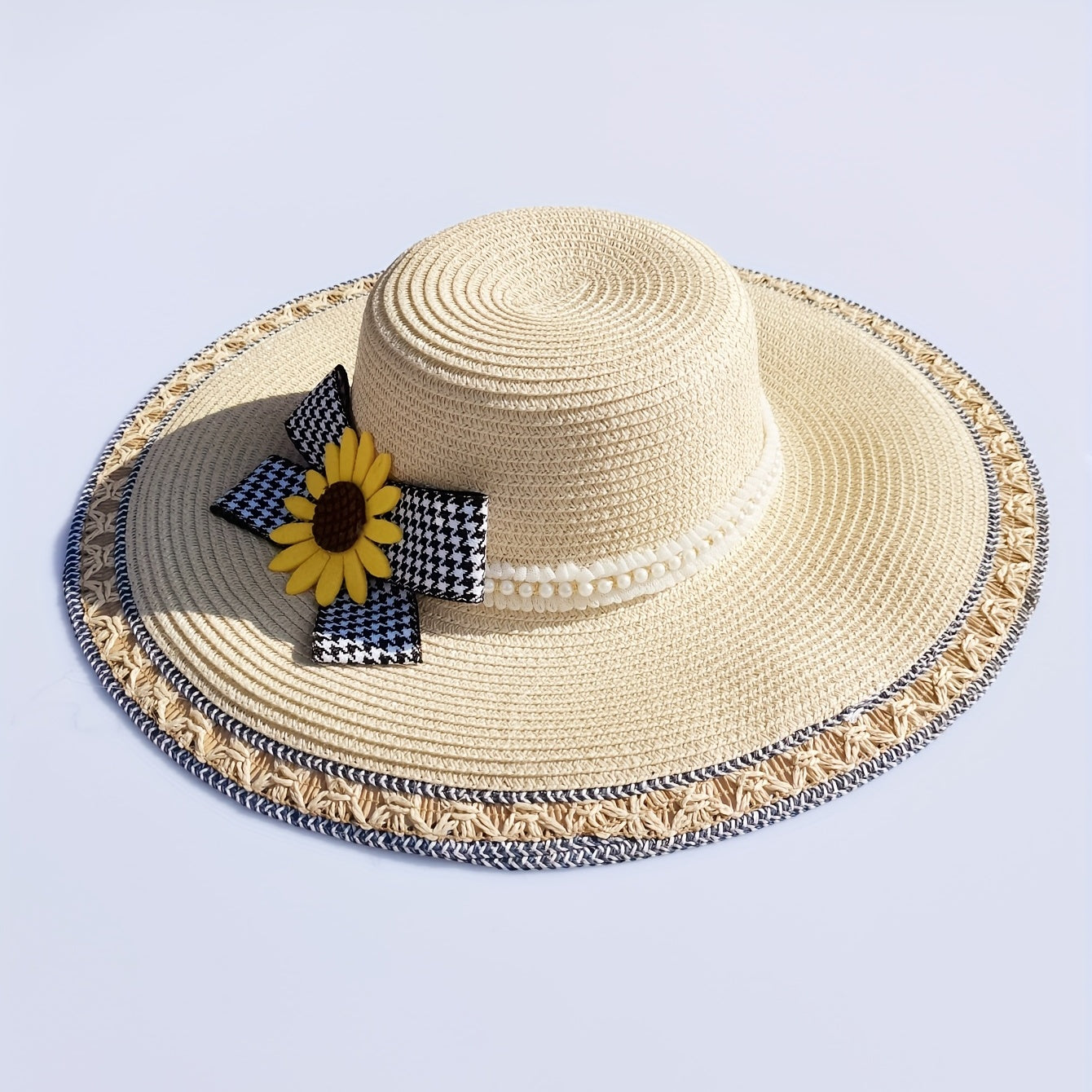 Sunflower Bow Decor Sun Hat Wide Brim Beige Straw Hat