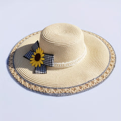 Sunflower Bow Decor Sun Hat Wide Brim Beige Straw Hat