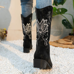 Women's Embroidered Western Mid Calf Boots V Cut Low Heel Slip On Cowgirl Boots