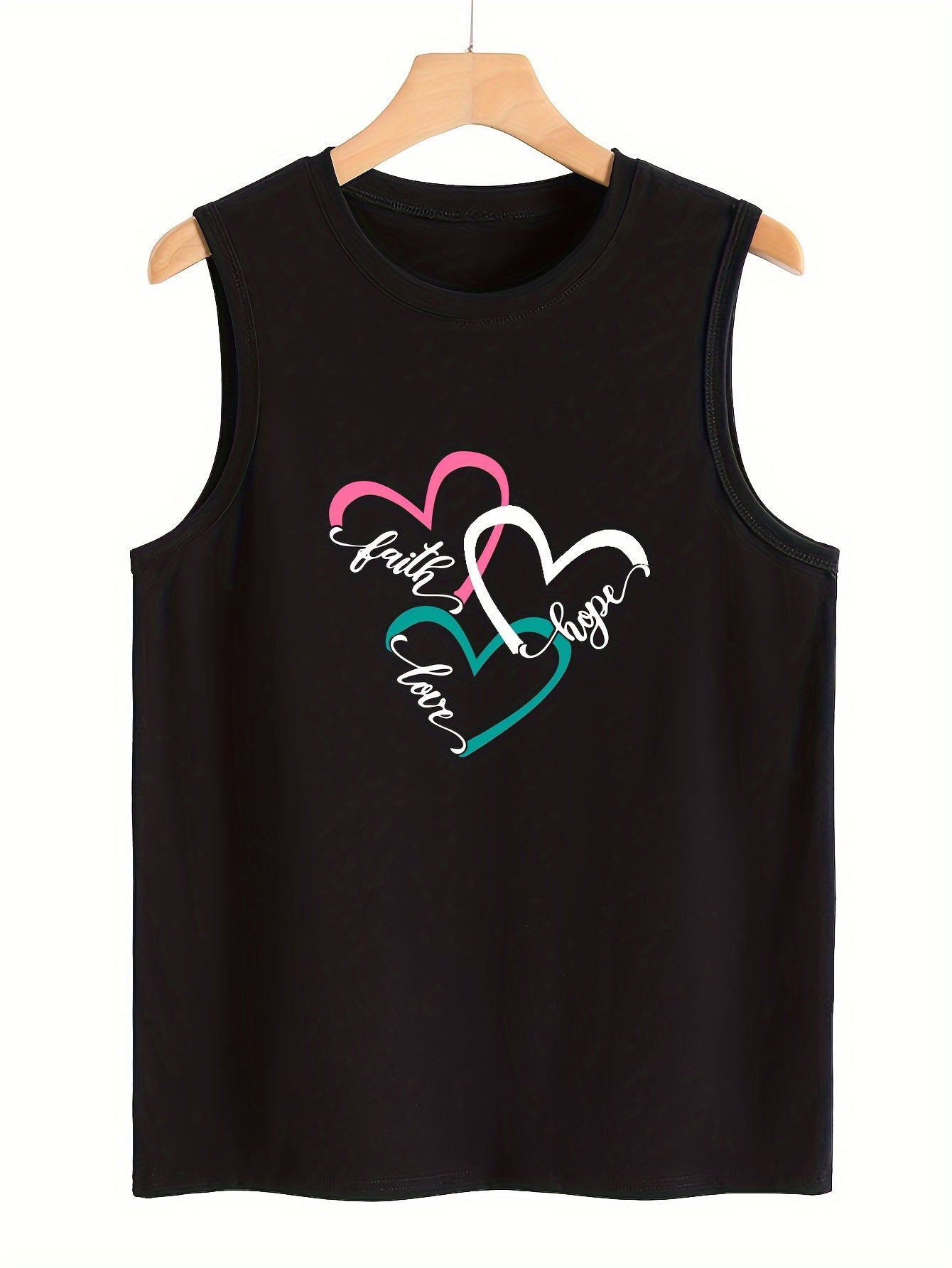 Heart & Letter Pattern Stretchy Sports Vest Round Neck Sleeveless Casual Top